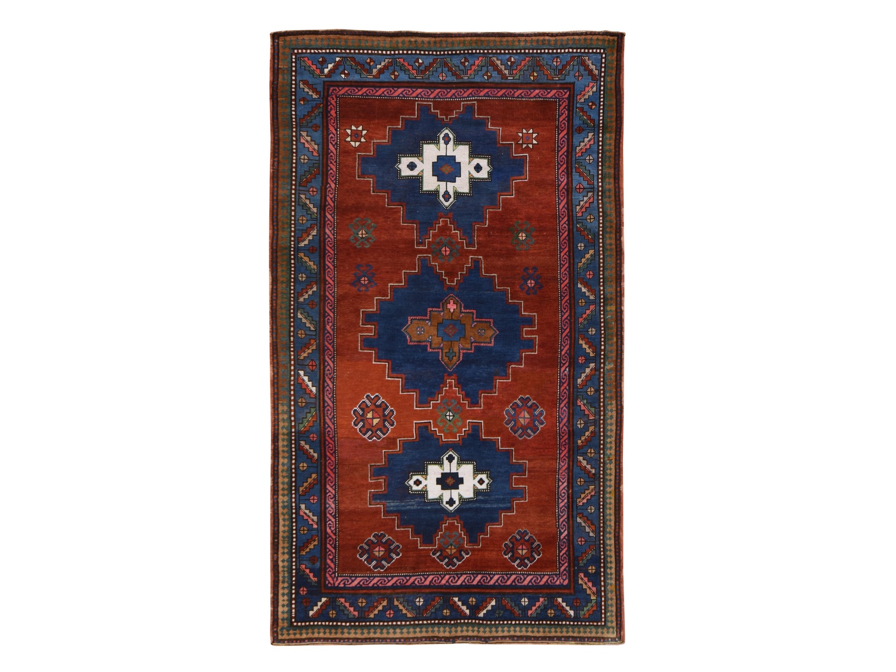 4'9"x8'3" Scarlet Red, Antique Caucasian Kazak with Geometric Medallions, Good Condition and Restoration, Hand Knotted, 100% Wool, Oriental Rug HR78779