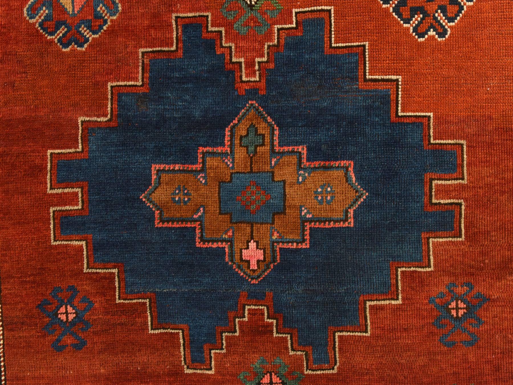 4'9"x8'3" Scarlet Red, Antique Caucasian Kazak with Geometric Medallions, Good Condition and Restoration, Hand Knotted, 100% Wool, Oriental Rug HR78779 - Image 4