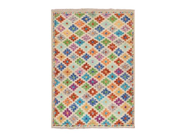 3'6"x4'10" Linen White, Colorful Afghan Baluch with Geometric Design, Hand Knotted, Pure Wool, Oriental Rug HR78781