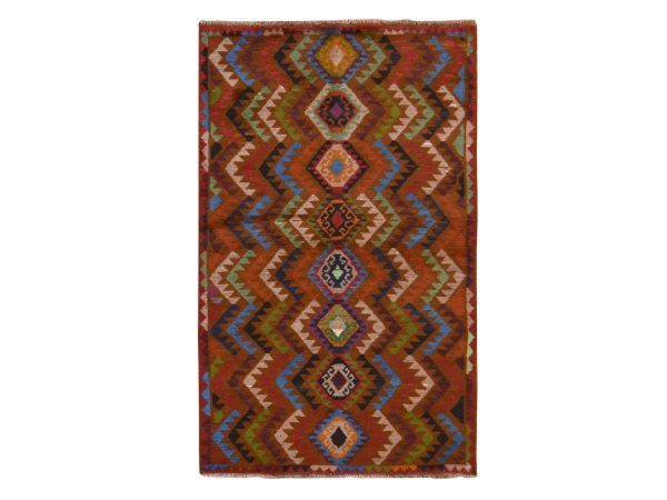 3'9"x6' Rustic Brown, Colorful Afghan Baluch with Geometric Design, Hand Knotted, Pure Wool, Oriental Rug HR78782