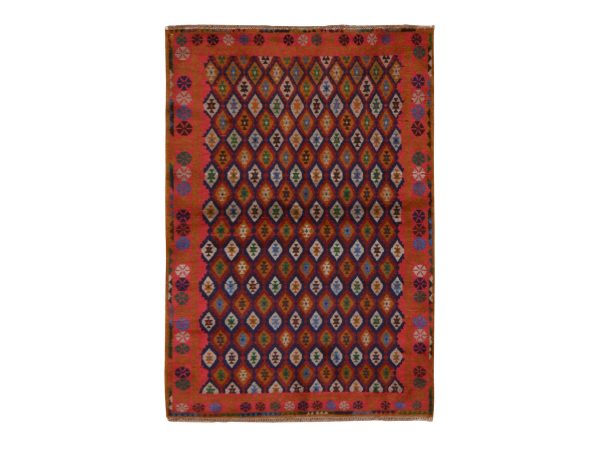 4'x6'1" Syrah Red, Colorful Afghan Baluch with Geometric Design, Hand Knotted, Pure Wool, Oriental Rug HR78783