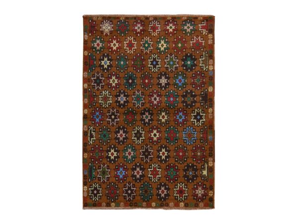 4'1"x6'1" Almond Brown, Colorful Afghan Baluch with Geometric Design, Hand Knotted, Pure Wool, Oriental Rug HR78785