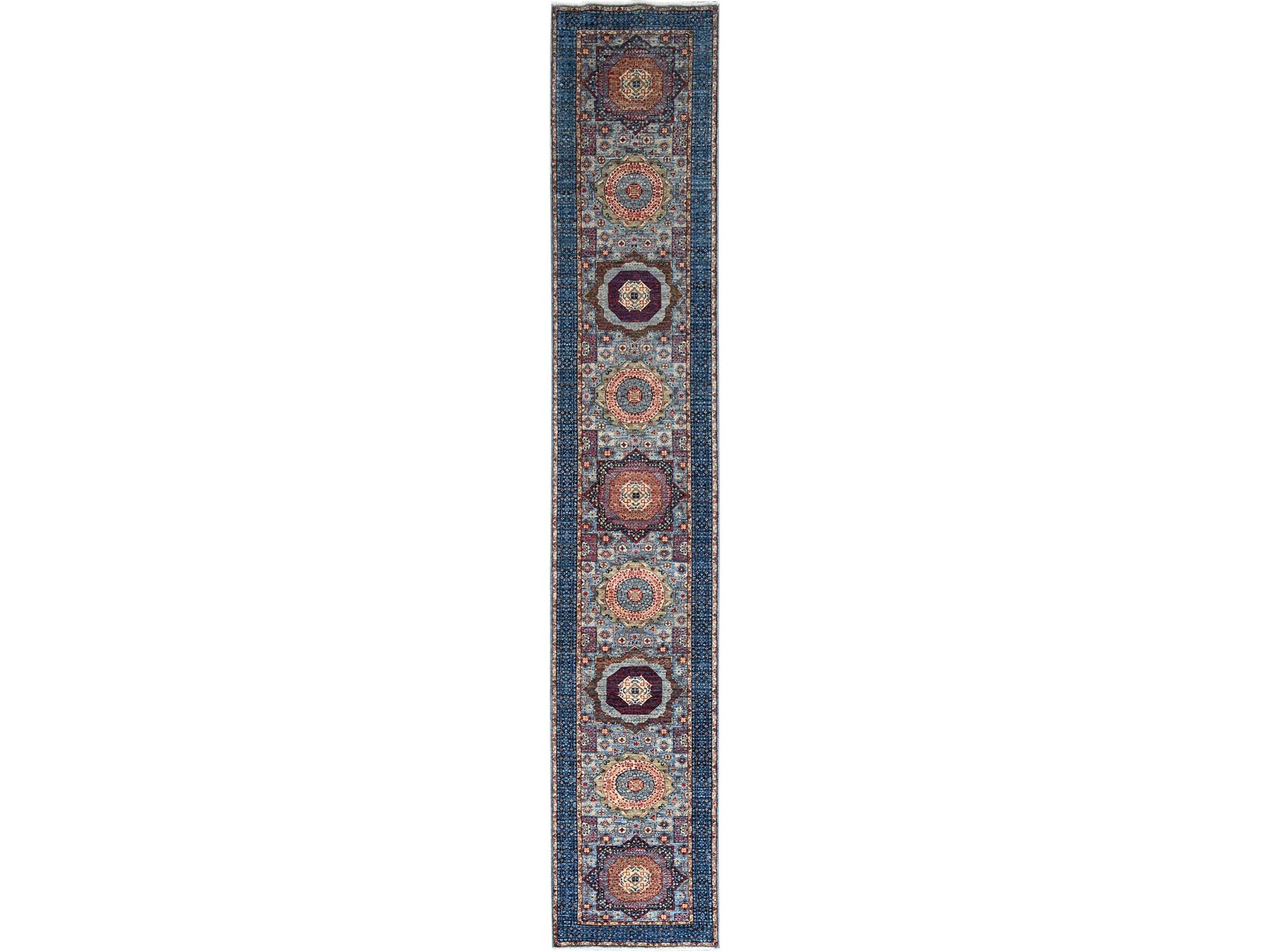2'8"x15'4" Sapphire With Indigo Blue, Hand Knotted, 200 KPSI, 14th Century Mamluk Dynasty With Large Elements Design, Natural Dyes, 100% Wool XL Runner Oriental Rug HR86759