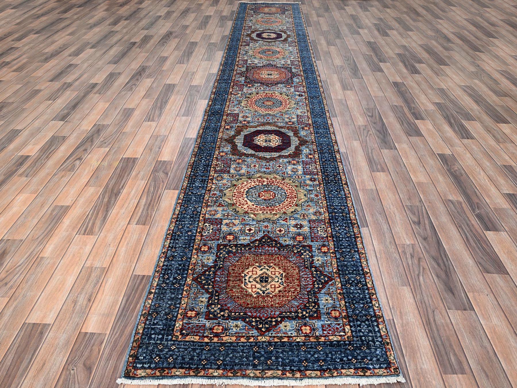 2'8"x15'4" Sapphire With Indigo Blue, Hand Knotted, 200 KPSI, 14th Century Mamluk Dynasty With Large Elements Design, Natural Dyes, 100% Wool XL Runner Oriental Rug HR86759 - Image 2