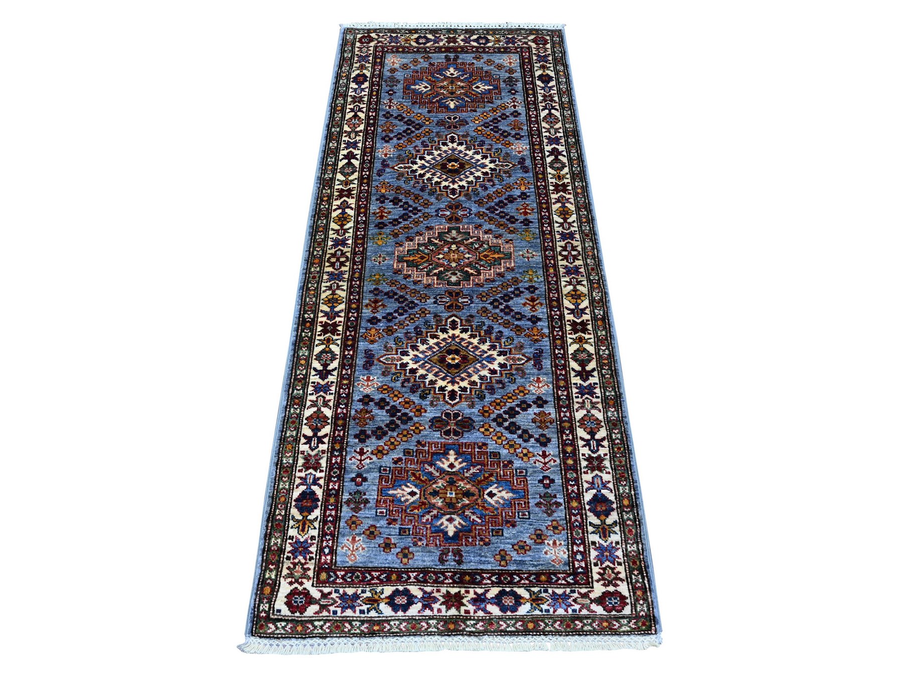 2'6"x6'2" Glaucous Gray, Afghan Super Kazak With All Over Motifs, Hand Knotted, Natural Dyes, Soft and Vibrant Wool Runner Oriental Rug HR89221