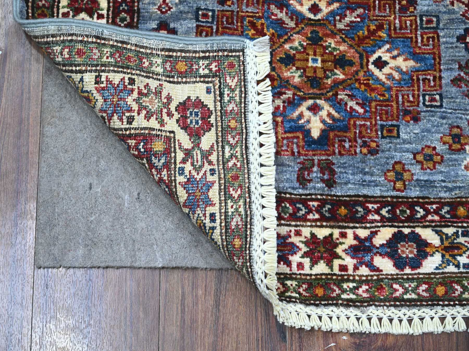 2'6"x6'2" Glaucous Gray, Afghan Super Kazak With All Over Motifs, Hand Knotted, Natural Dyes, Soft and Vibrant Wool Runner Oriental Rug HR89221 - Image 2