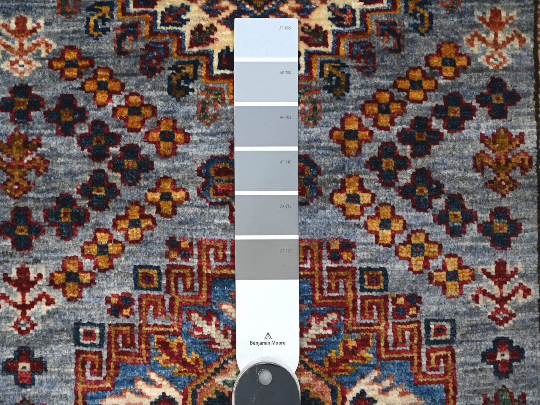2'6"x6'2" Glaucous Gray, Afghan Super Kazak With All Over Motifs, Hand Knotted, Natural Dyes, Soft and Vibrant Wool Runner Oriental Rug HR89221 - Image 3
