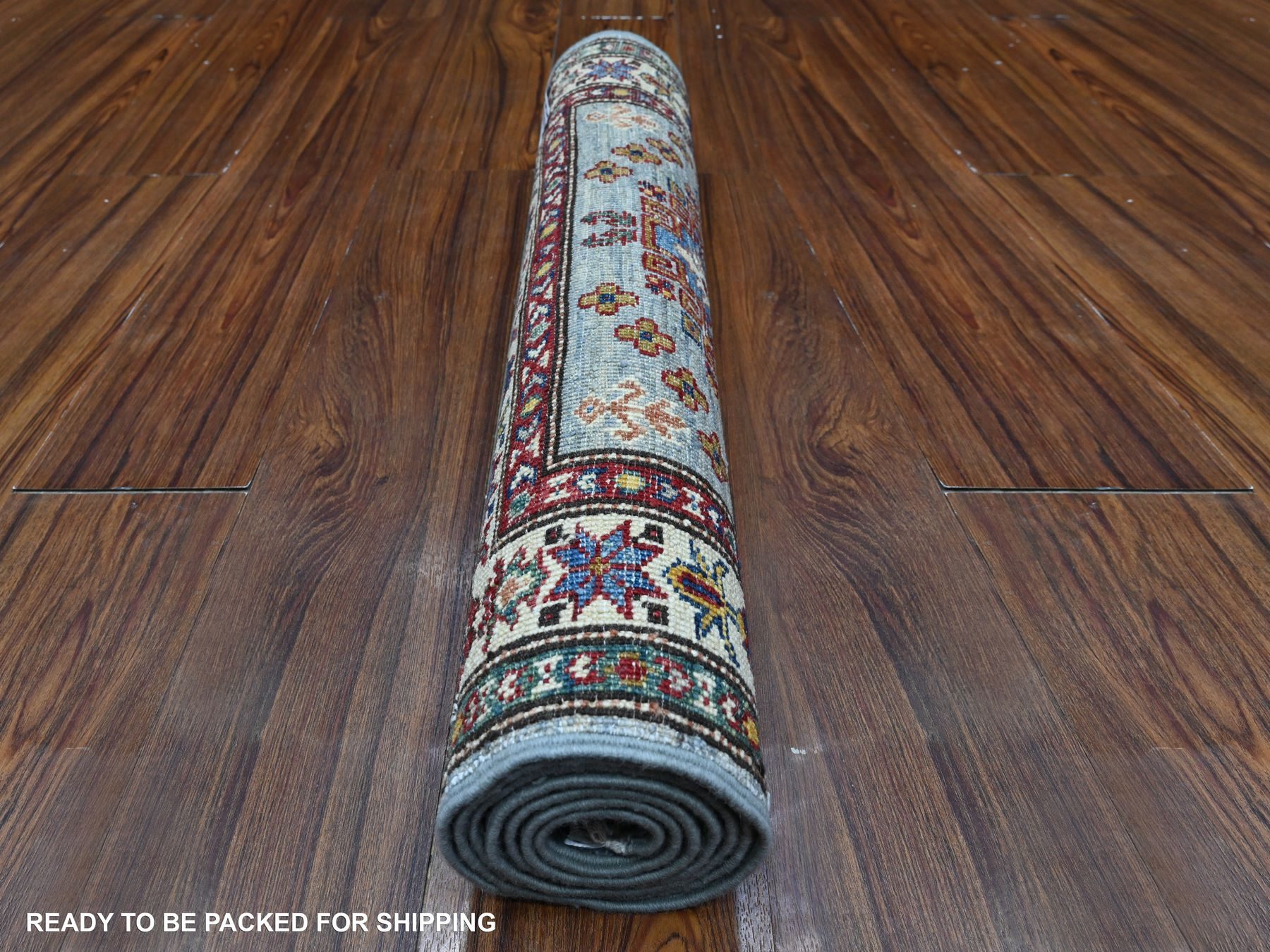 2'6"x6'2" Glaucous Gray, Afghan Super Kazak With All Over Motifs, Hand Knotted, Natural Dyes, Soft and Vibrant Wool Runner Oriental Rug HR89221 - Image 4