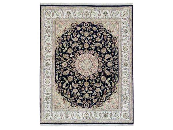 7'10"x10'1" Midnight Blue, Hand Knotted, Nain with Center Medallion Flower Design, 250 KPSI, Soft Wool, Oriental Rug HR90008