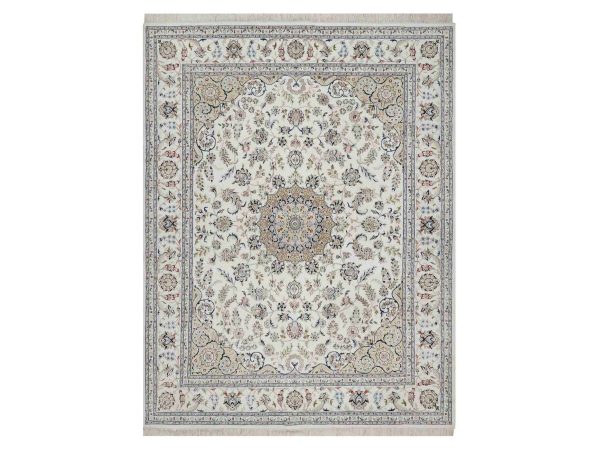 8'x10'3" Winter White, Nain with Flower Medallion Design, Hand Knotted, Wool and Silk, 250 KPSI, Soft Pile, Oriental Rug HR91598