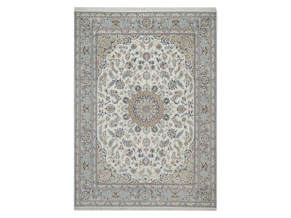 8'9"x12' Pristine White, Nain with Flower Medallion Design, 250 KPSI, Wool and Silk, Soft Pile, Hand Knotted, Oriental Rug HR91620