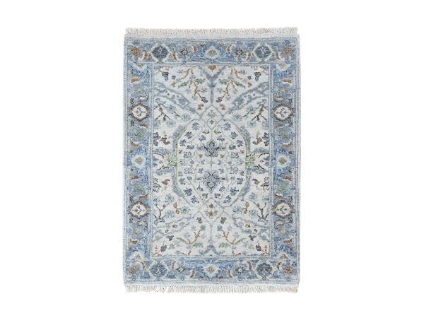 2'1"x2'10" Oyster Gray, Oushak with Floral Motifs, Hand Knotted, Pure Wool, Soft Pile, Denser Weave, Sample, Mat, Oriental Rug HR10563