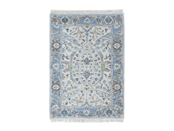 2'1"x3' Oyster Gray, Hand Knotted, Oushak with Floral Motifs, Pure Wool, Soft Pile, Denser Weave, Sample, Mat, Oriental Rug HR10564