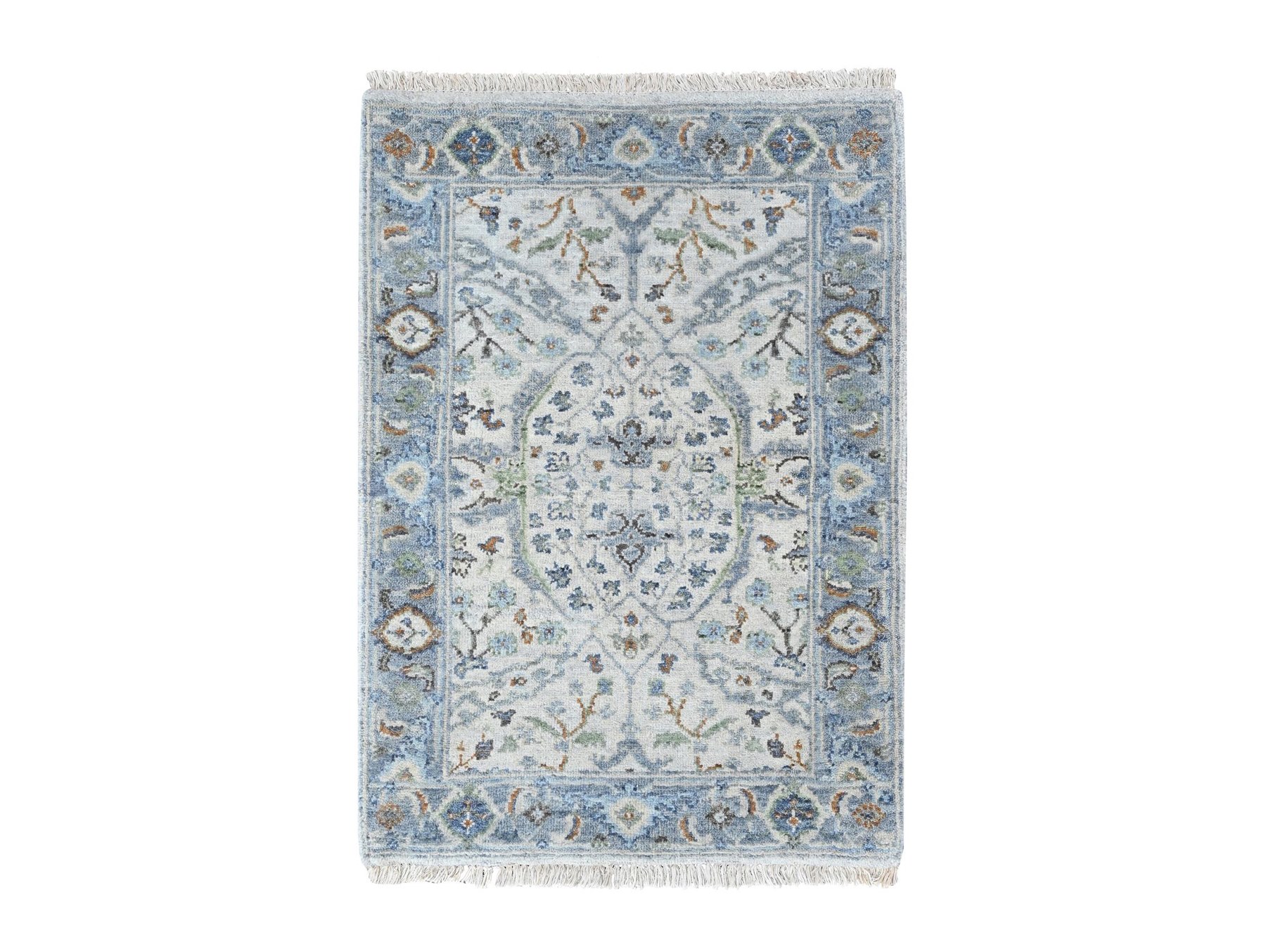 2'1"x3' Oyster Gray, Hand Knotted, Oushak with Floral Motifs, Pure Wool, Soft Pile, Denser Weave, Sample, Mat, Oriental Rug HR10564