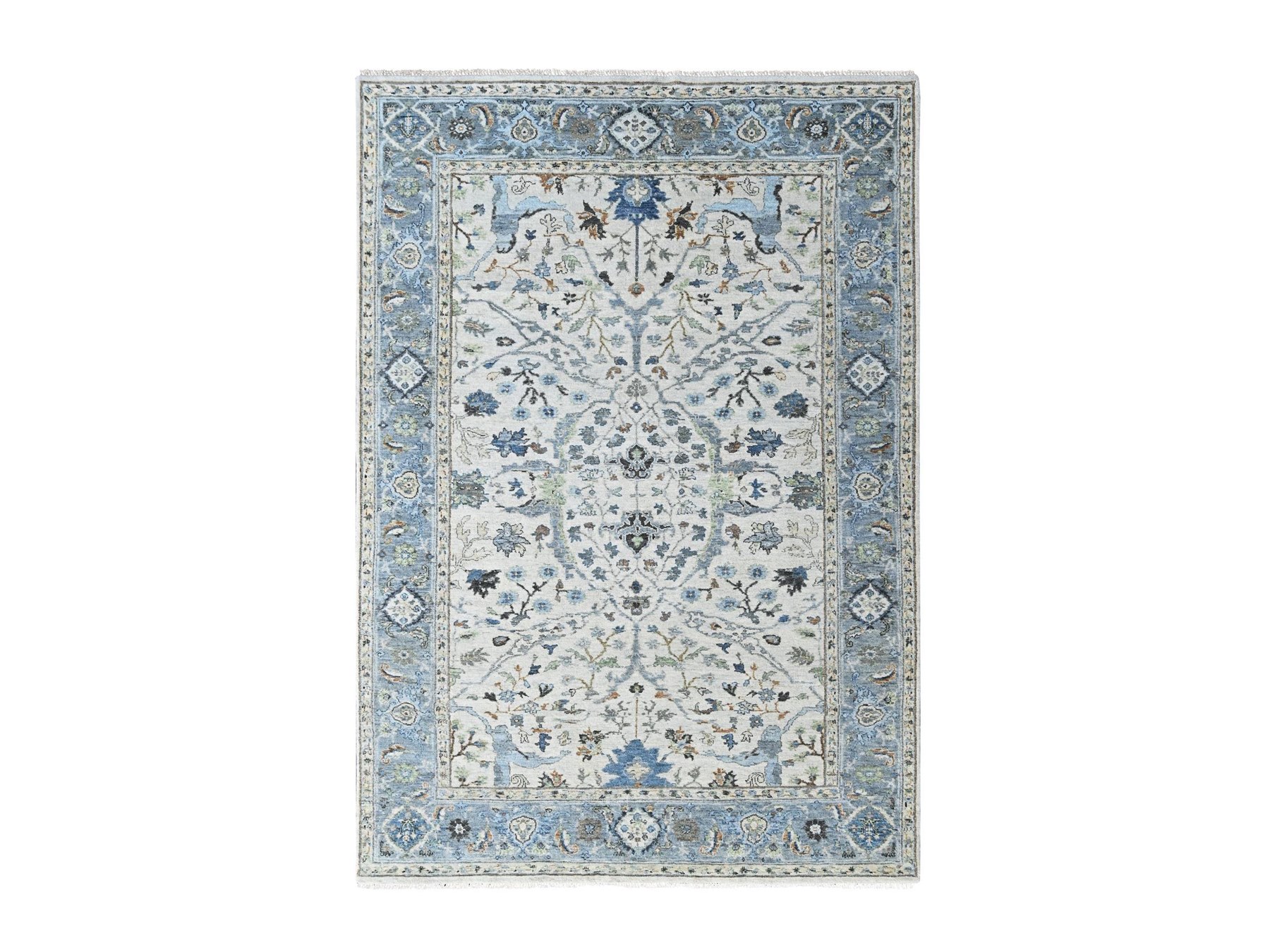 6'x9' Oyster Gray, Hand Knotted, Oushak with Floral Motifs, Pure Wool, Soft Pile, Denser Weave, Oriental Rug HR10567