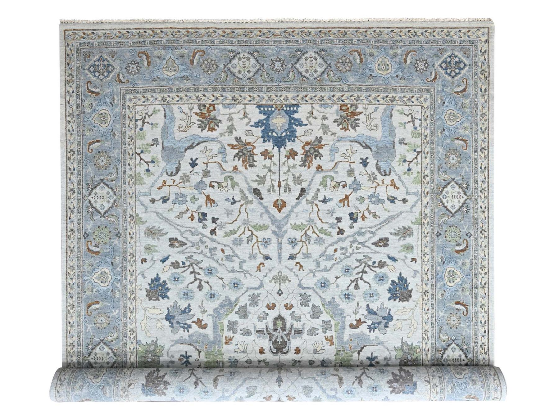 9'8"x13'10" Oyster Gray, Oushak with Floral Motifs, Hand Knotted, Pure Wool, Soft Pile, Denser Weave, Oriental Rug HR10569