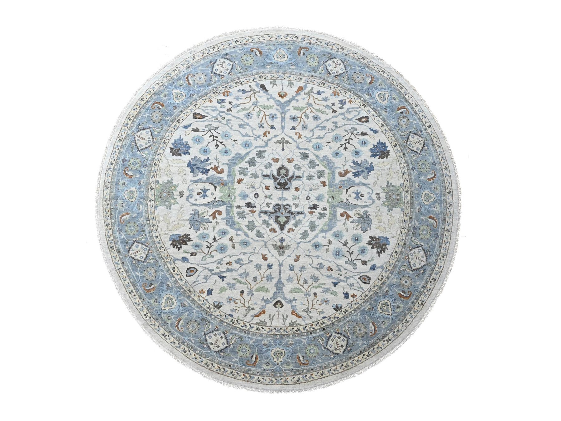 12'x12' Oyster Gray, Oushak with Floral Motifs, Hand Knotted, Pure Wool, Soft Pile, Denser Weave, Round, Oriental Rug HR10571