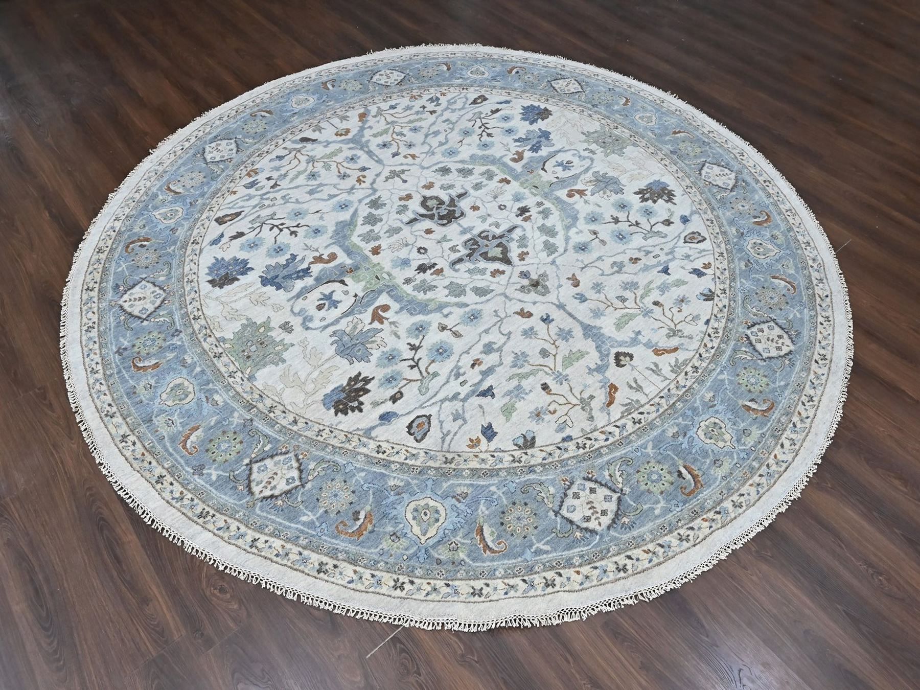 12'x12' Oyster Gray, Oushak with Floral Motifs, Hand Knotted, Pure Wool, Soft Pile, Denser Weave, Round, Oriental Rug HR10571 - Image 2