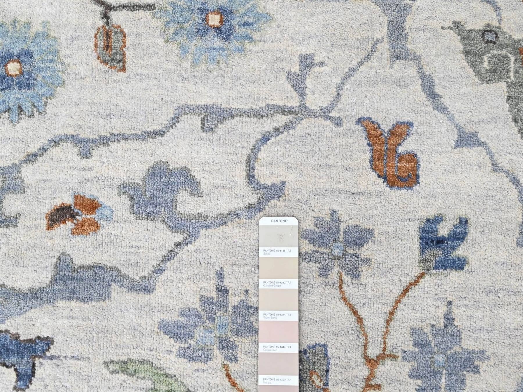 12'x12' Oyster Gray, Oushak with Floral Motifs, Hand Knotted, Pure Wool, Soft Pile, Denser Weave, Round, Oriental Rug HR10571 - Image 4