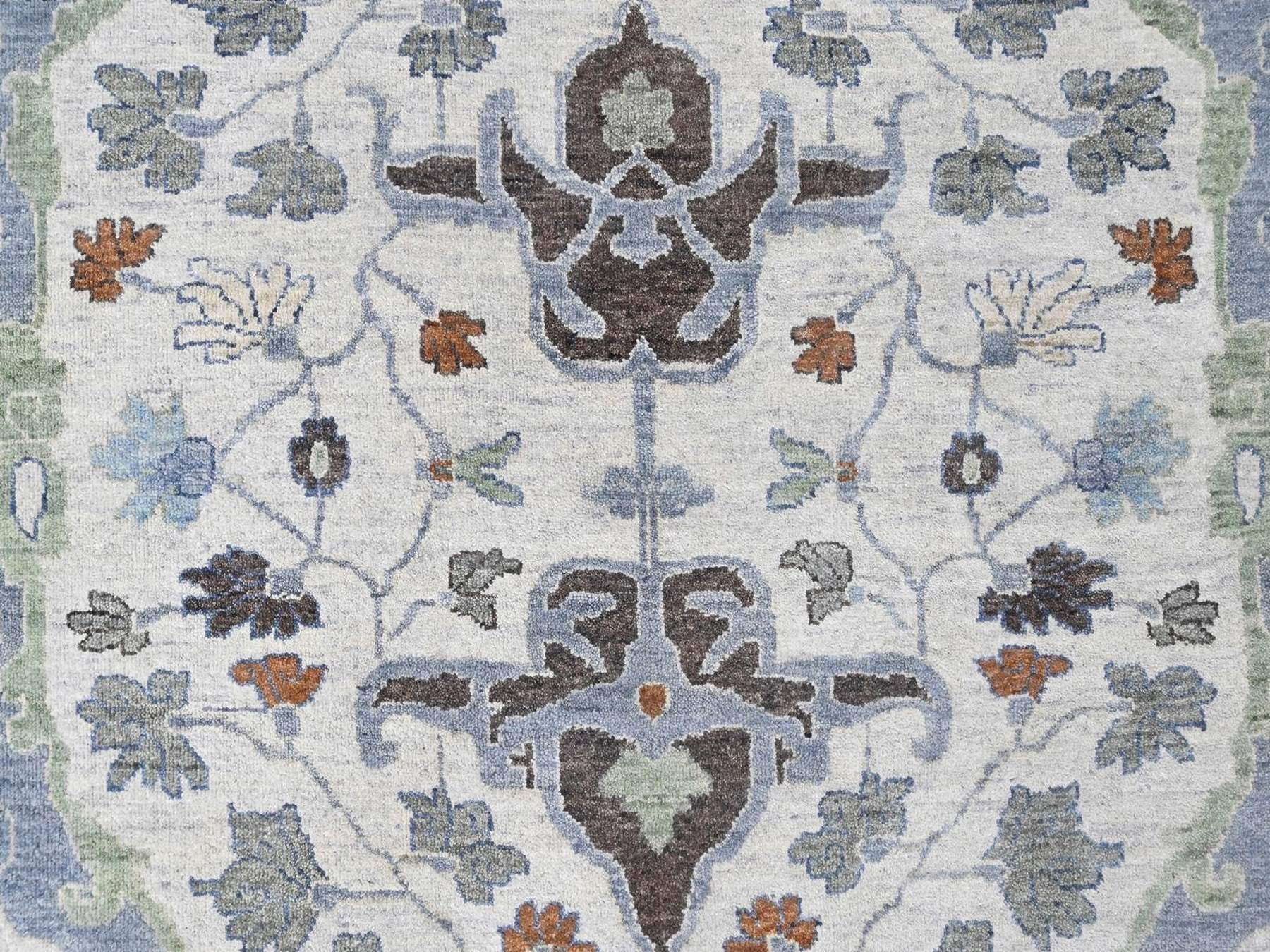 12'x12' Oyster Gray, Oushak with Floral Motifs, Hand Knotted, Pure Wool, Soft Pile, Denser Weave, Round, Oriental Rug HR10571 - Image 5