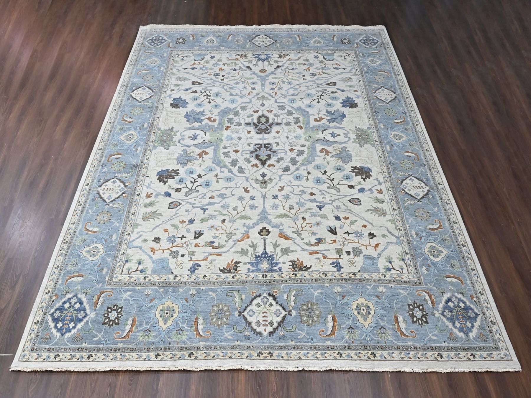 14'x16' Oyster Gray, Hand Knotted, Oushak with Floral Motifs, Pure Wool, Soft Pile, Denser Weave, Oversized, XL, Oriental Rug HR10572 - Image 2