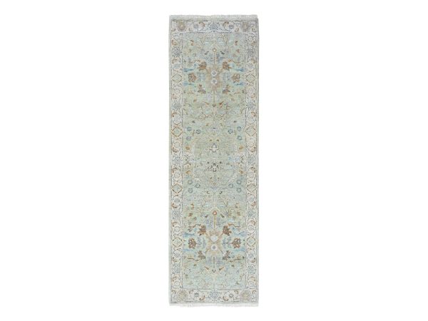 2'5"x8' Pistachio Green, Oushak with Floral Motifs, Hand Knotted, Pure Wool, Soft Pile, Denser Weave, Narrow Runner, Oriental Rug HR10574