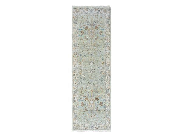 2'6"x8' Pistachio Green, Hand Knotted, Oushak with Floral Motifs, Pure Wool, Soft Pile, Denser Weave, Runner, Oriental Rug HR10575