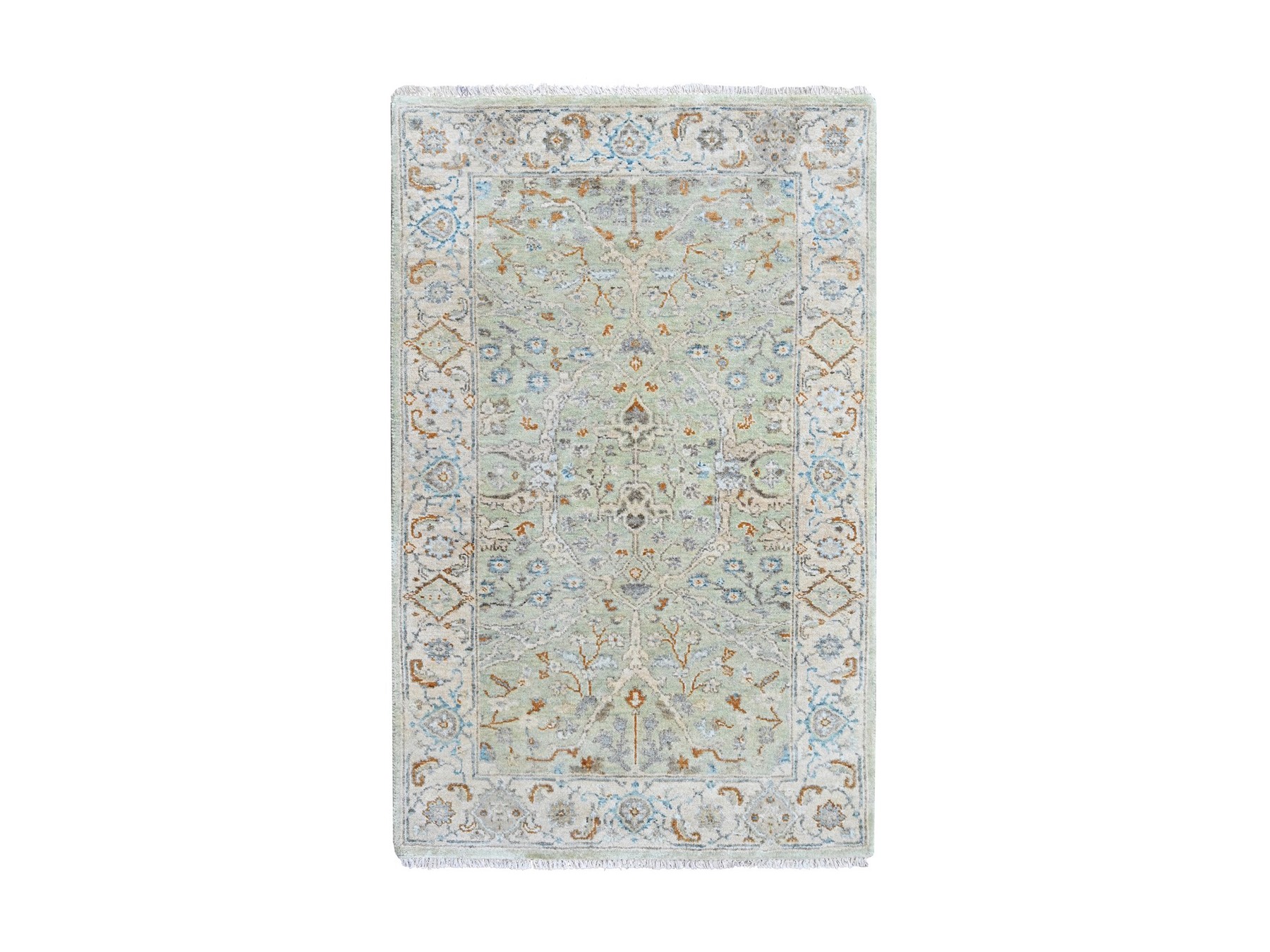3'1"x4'10" Pistachio Green, Oushak with Floral Motifs, Hand Knotted, Pure Wool, Soft Pile, Denser Weave, Oriental Rug HR10579
