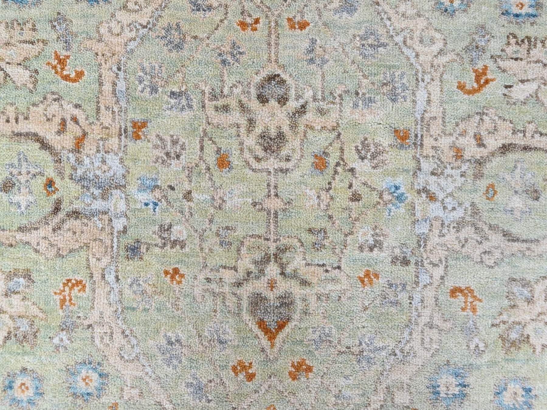 3'1"x4'10" Pistachio Green, Oushak with Floral Motifs, Hand Knotted, Pure Wool, Soft Pile, Denser Weave, Oriental Rug HR10579 - Image 5