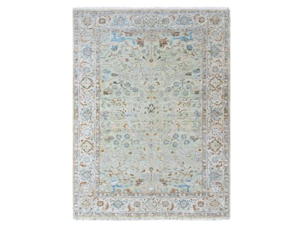 5'x7' Pistachio Green, Hand Knotted, Oushak with Floral Motifs, Pure Wool, Soft Pile, Denser Weave, Oriental Rug HR10582