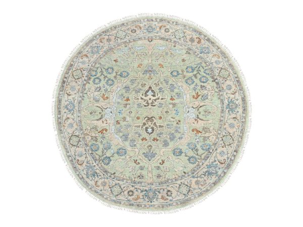 6'x6' Pistachio Green, Oushak with Floral Motifs, Hand Knotted, Soft Pile, Pure Wool, Denser Weave, Round, Oriental Rug HR10583