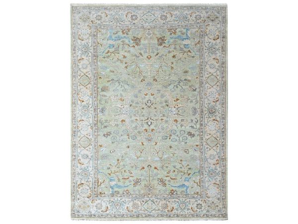 6'2"x9' Pistachio Green, Oushak with Floral Motifs, Hand Knotted, Pure Wool, Soft Pile, Denser Weave, Oriental Rug HR10584