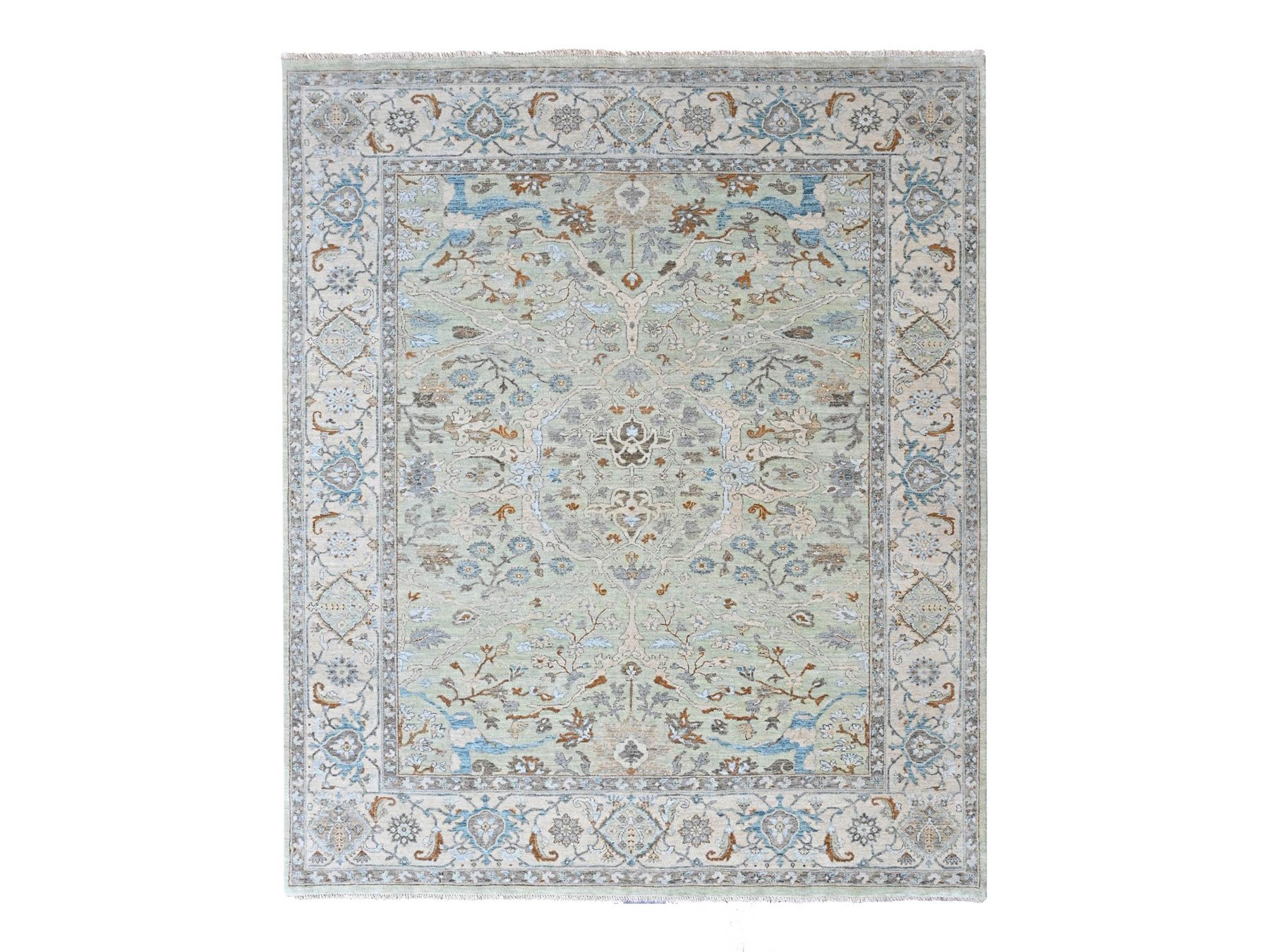 8'x10' Pistachio Green, Oushak with Floral Motifs, Denser Weave, Hand Knotted, Pure Wool, Soft Pile, Oriental Rug HR10585
