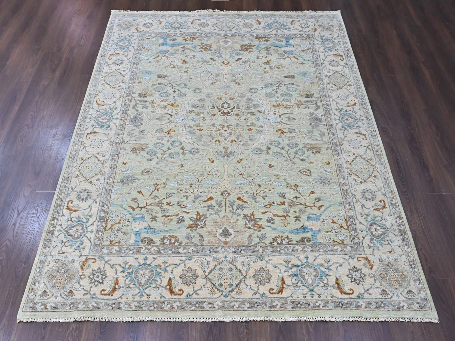 8'x10' Pistachio Green, Oushak with Floral Motifs, Denser Weave, Hand Knotted, Pure Wool, Soft Pile, Oriental Rug HR10585 - Image 2