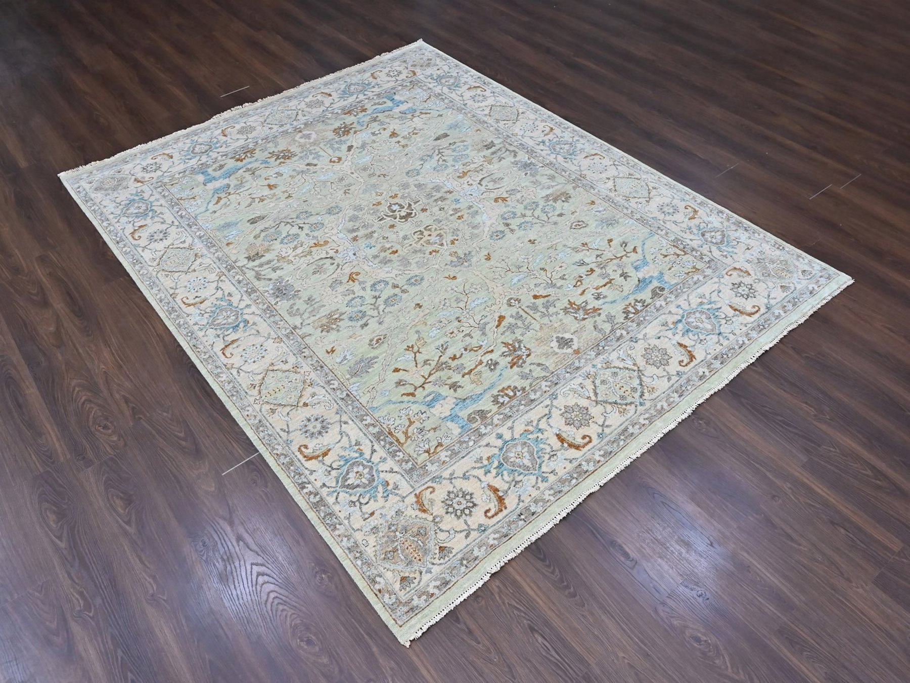 8'x10' Pistachio Green, Oushak with Floral Motifs, Denser Weave, Hand Knotted, Pure Wool, Soft Pile, Oriental Rug HR10585 - Image 3