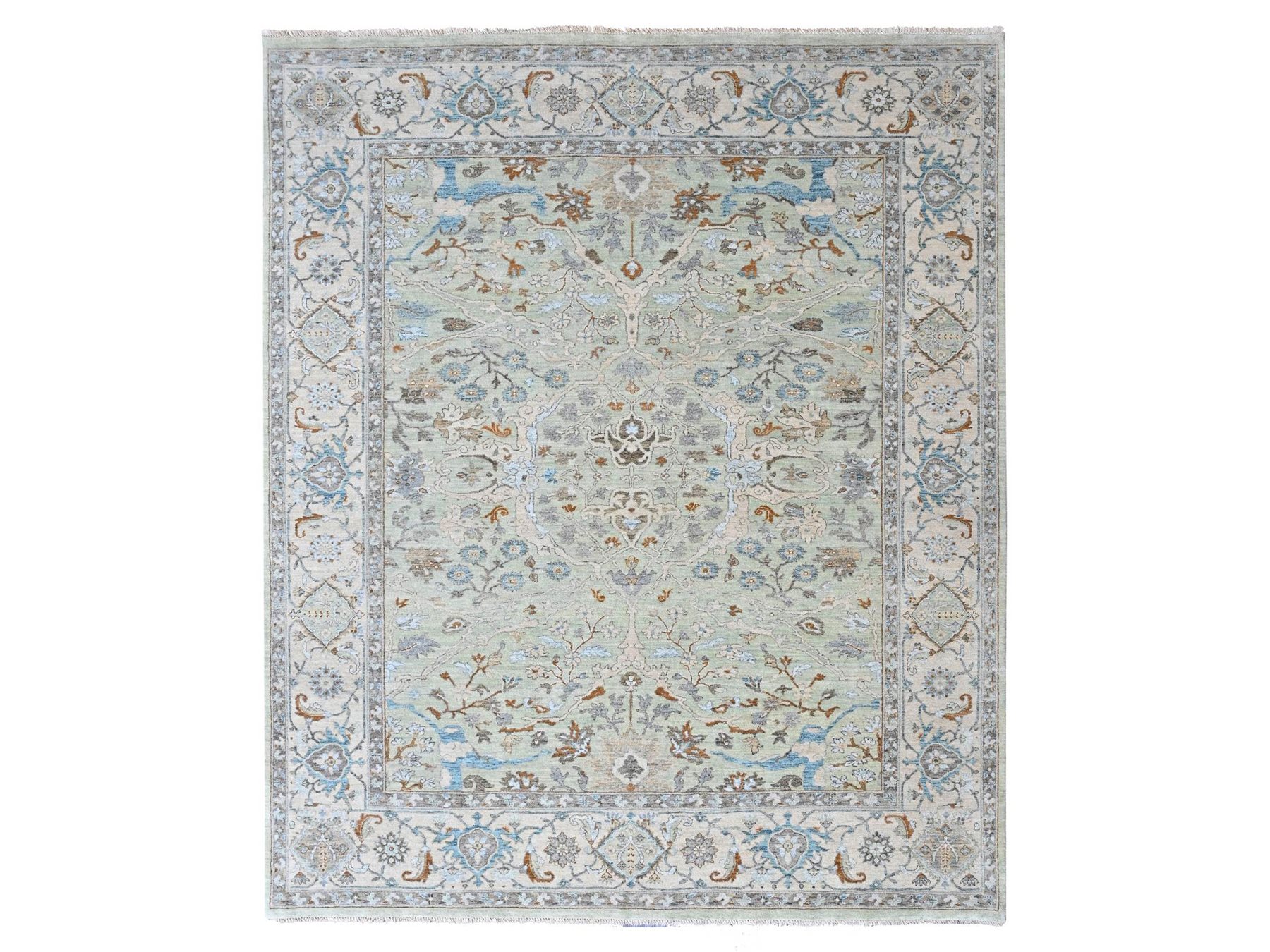8'x10' Pistachio Green, Oushak with Floral Motifs, Hand Knotted, Soft Pile, Pure Wool, Denser Weave, Oriental Rug HR10586
