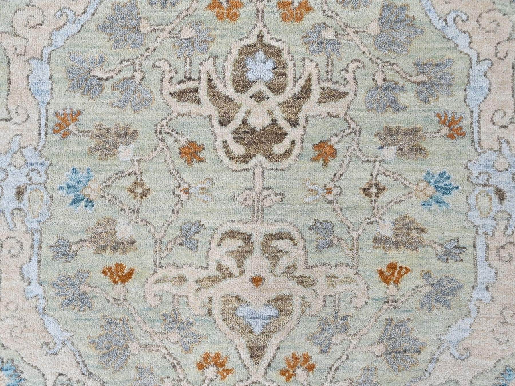 8'x10' Pistachio Green, Oushak with Floral Motifs, Hand Knotted, Soft Pile, Pure Wool, Denser Weave, Oriental Rug HR10586 - Image 8