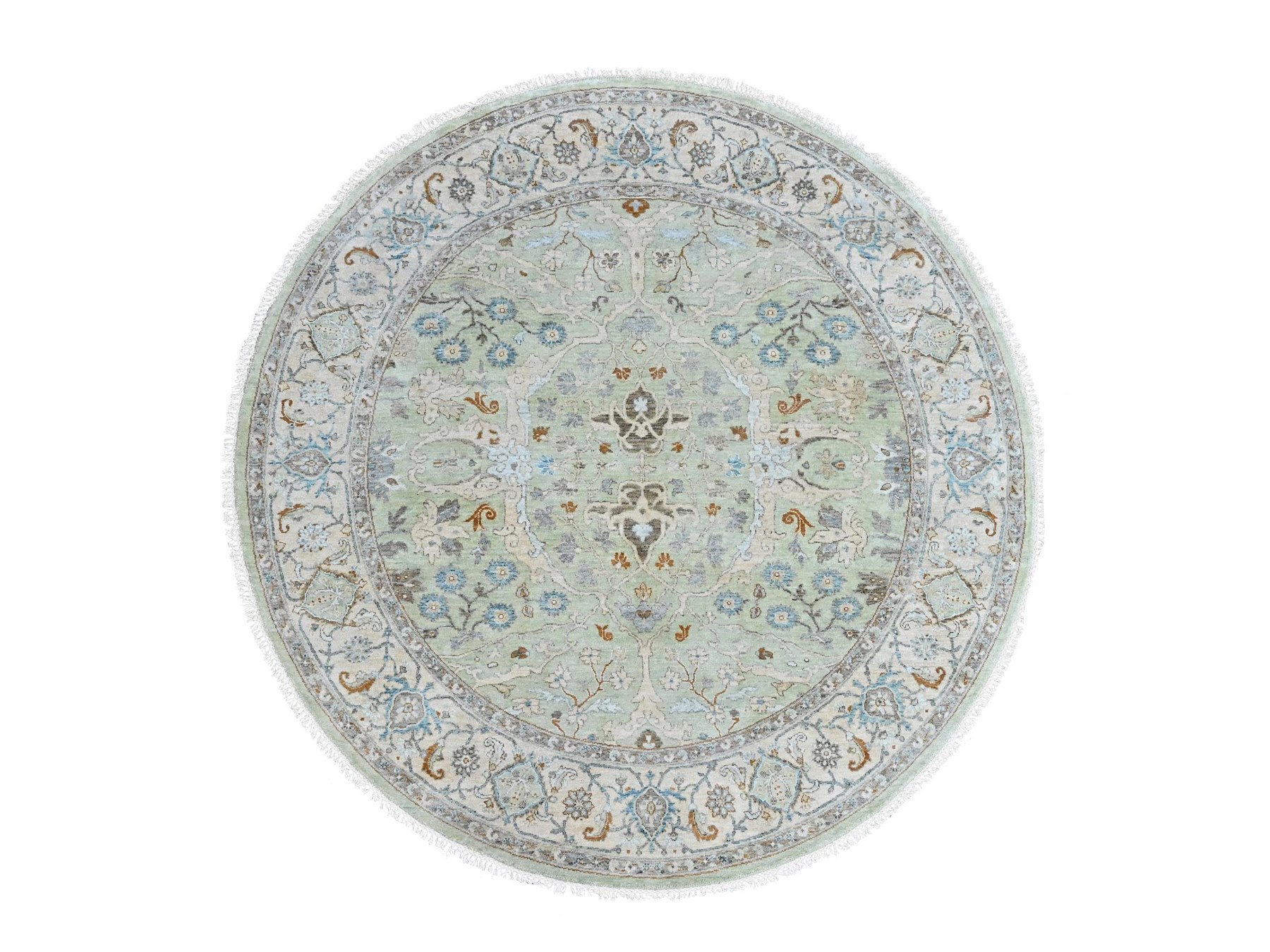 8'x8' Pistachio Green, Oushak with Floral Motifs, Hand Knotted, Pure Wool, Soft Pile, Denser Weave, Round, Oriental Rug HR10587