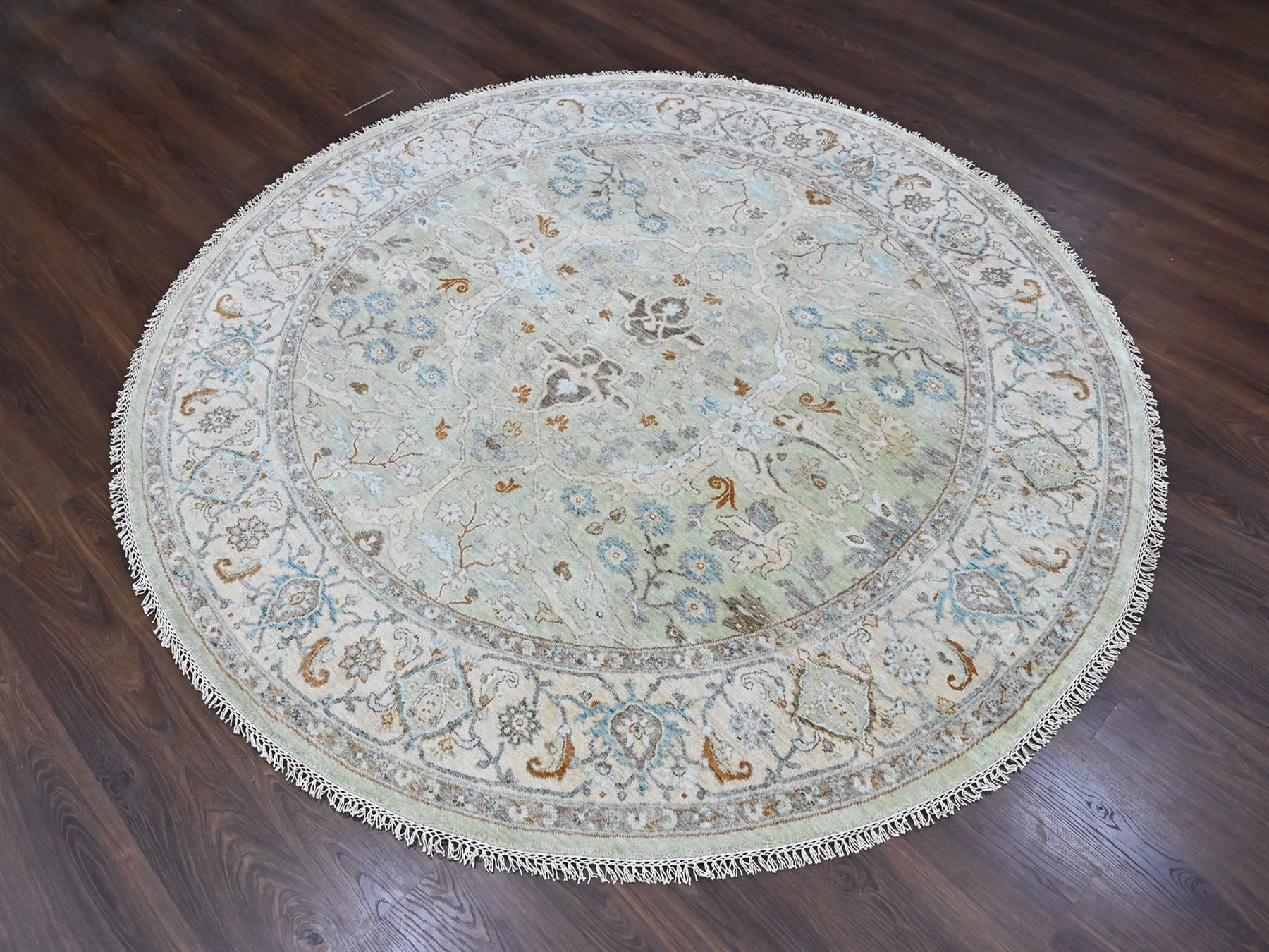 8'x8' Pistachio Green, Oushak with Floral Motifs, Hand Knotted, Pure Wool, Soft Pile, Denser Weave, Round, Oriental Rug HR10587 - Image 2