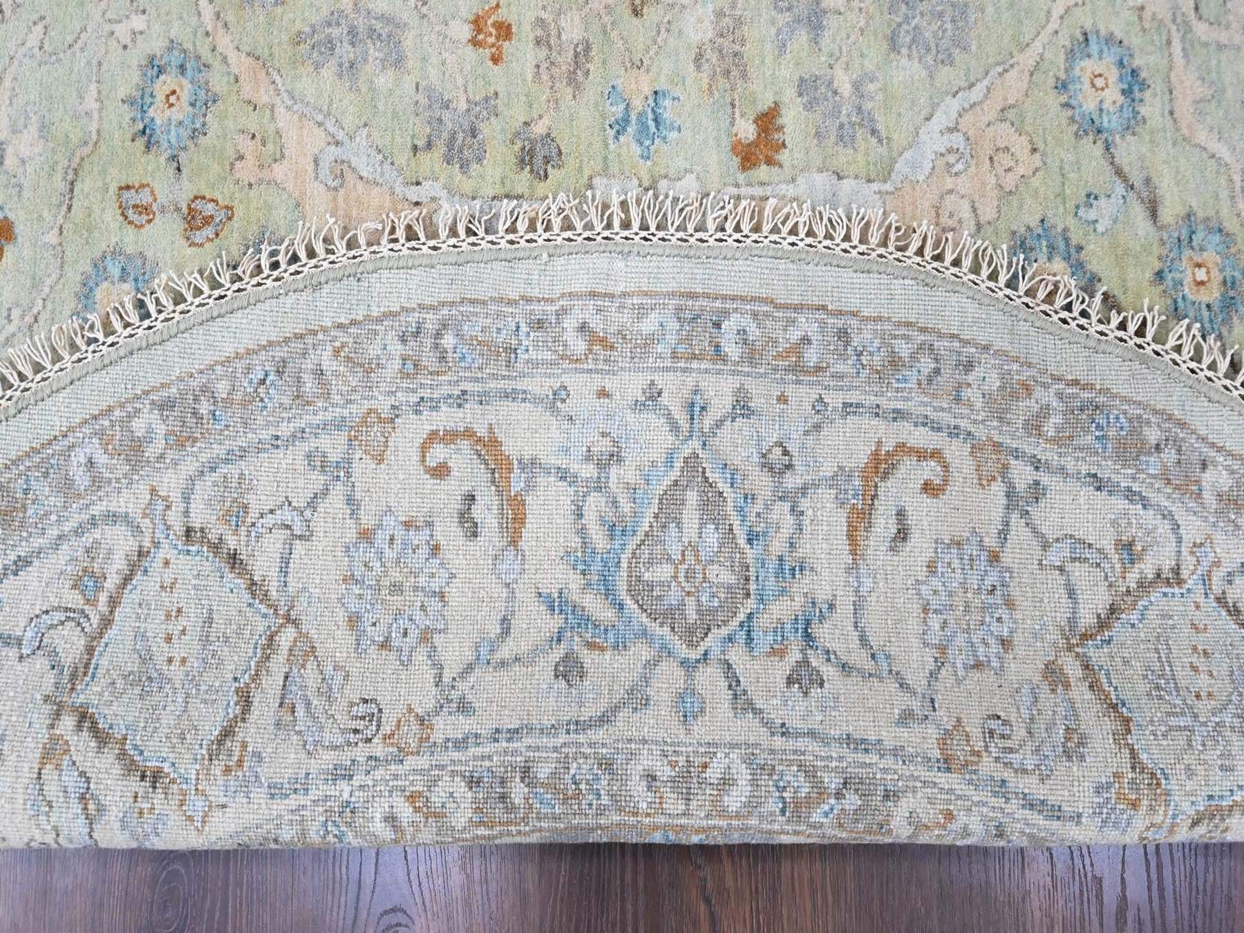 8'x8' Pistachio Green, Oushak with Floral Motifs, Hand Knotted, Pure Wool, Soft Pile, Denser Weave, Round, Oriental Rug HR10587 - Image 3