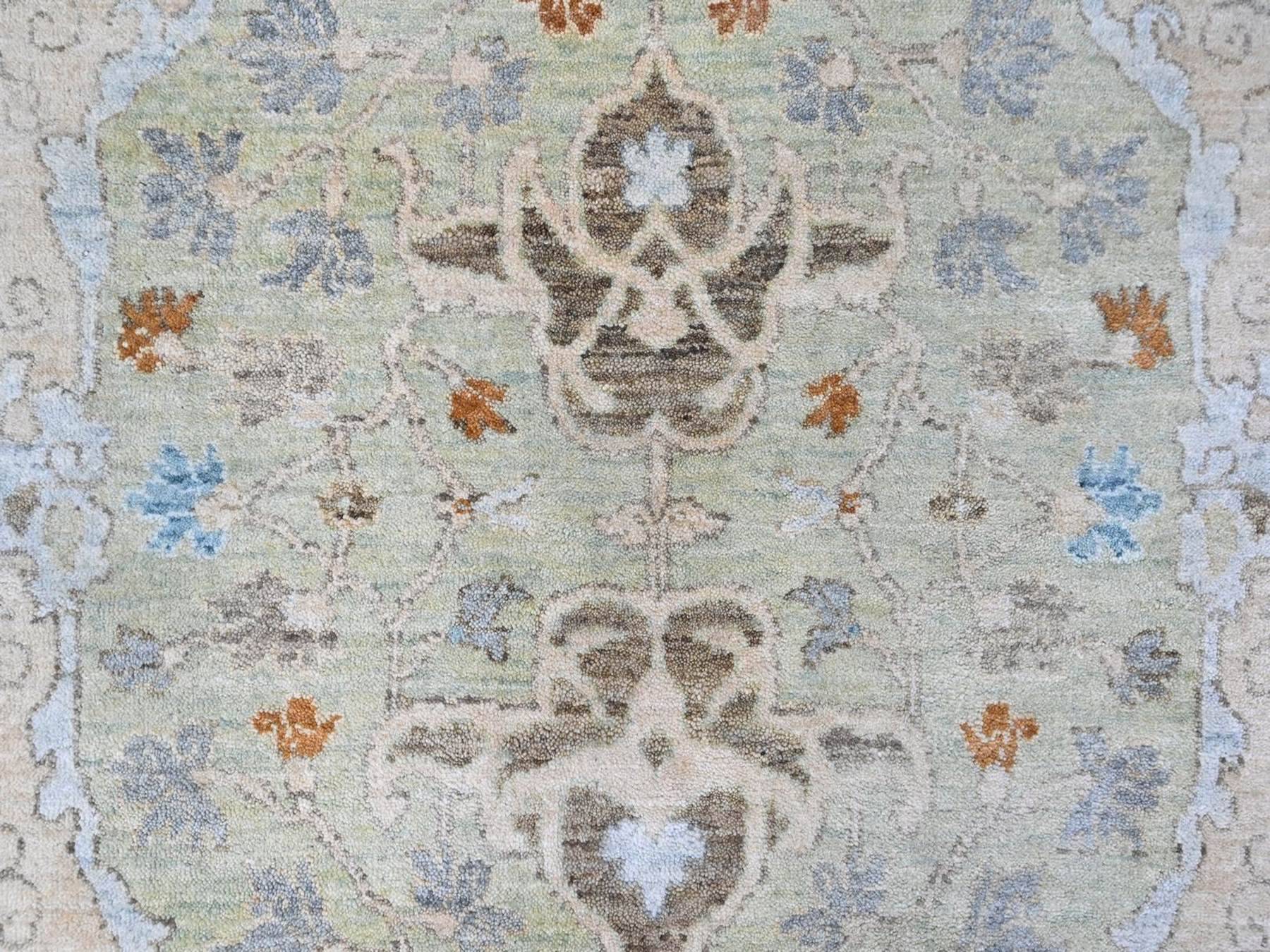 8'x8' Pistachio Green, Oushak with Floral Motifs, Hand Knotted, Pure Wool, Soft Pile, Denser Weave, Round, Oriental Rug HR10587 - Image 5