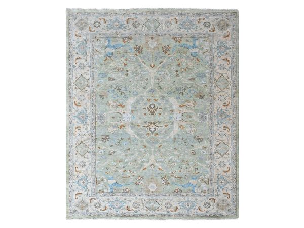 9'x11'9" Pistachio Green, Oushak with Floral Motifs, Hand Knotted, Pure Wool, Soft Pile, Denser Weave, Oriental Rug HR10588