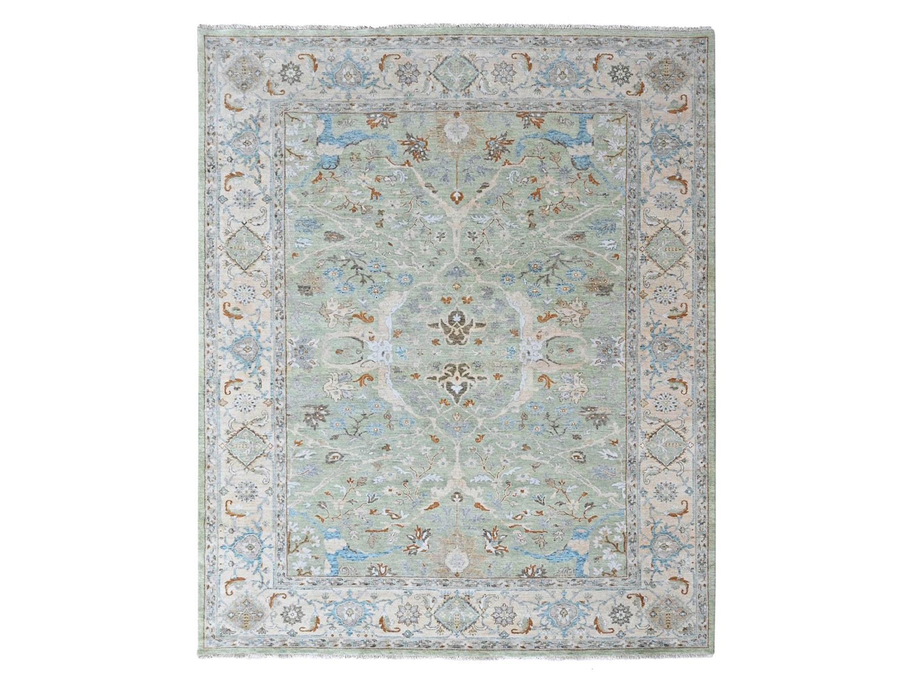 9'x11'9" Pistachio Green, Oushak with Floral Motifs, Hand Knotted, Pure Wool, Soft Pile, Denser Weave, Oriental Rug HR10588