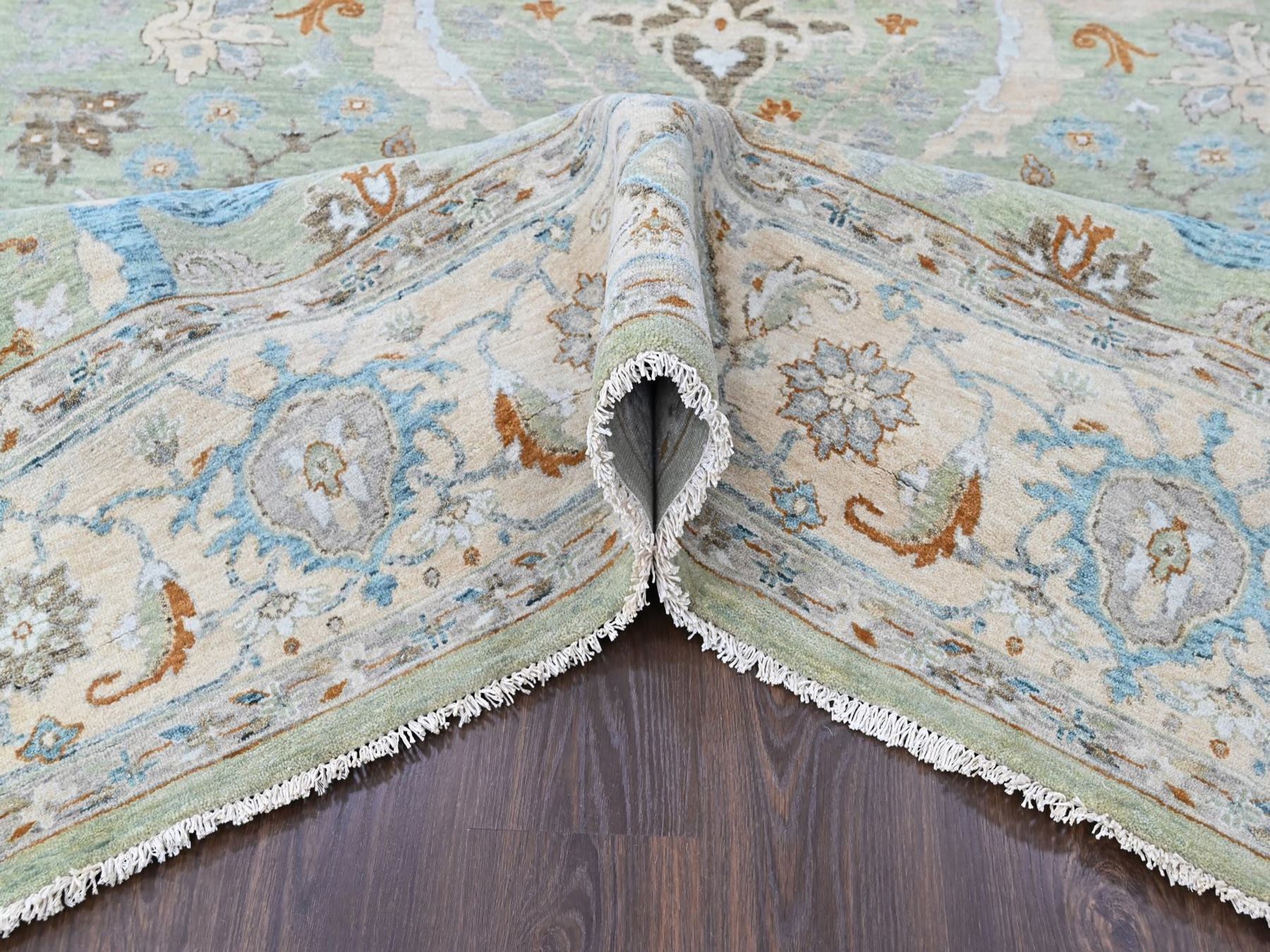 9'x11'9" Pistachio Green, Oushak with Floral Motifs, Hand Knotted, Pure Wool, Soft Pile, Denser Weave, Oriental Rug HR10588 - Image 5