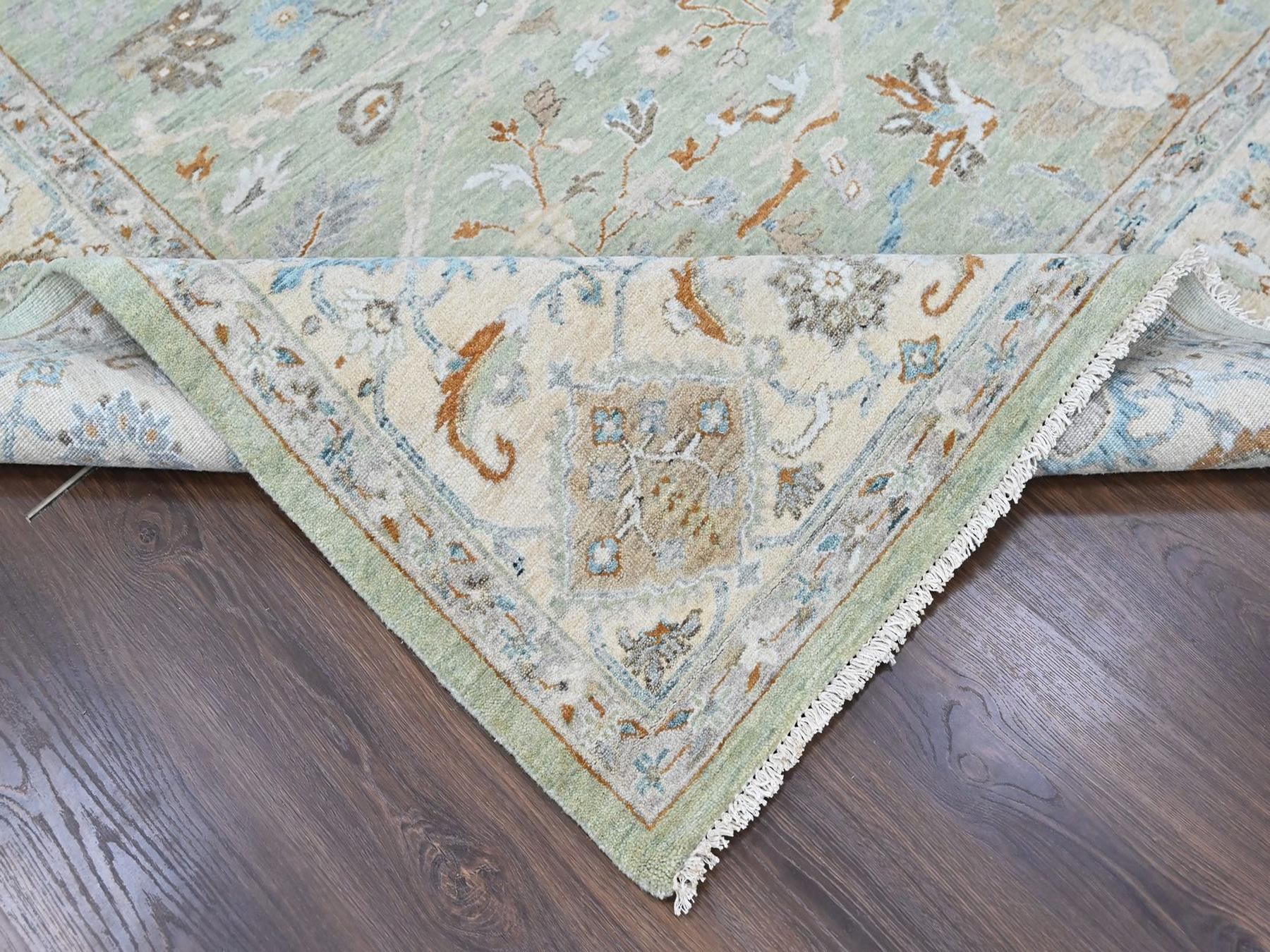 9'x11'9" Pistachio Green, Oushak with Floral Motifs, Hand Knotted, Pure Wool, Soft Pile, Denser Weave, Oriental Rug HR10588 - Image 6