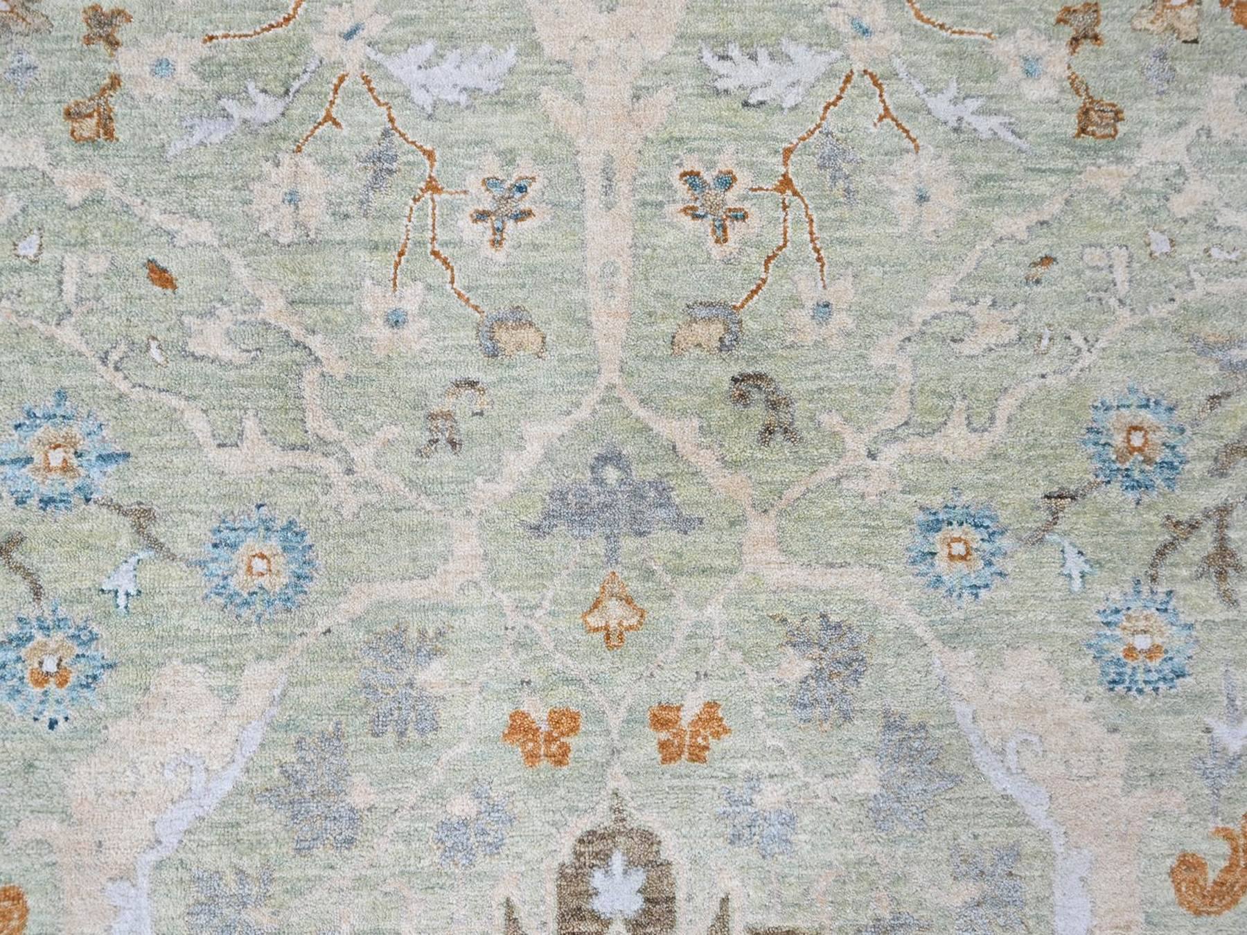 9'x11'9" Pistachio Green, Oushak with Floral Motifs, Hand Knotted, Pure Wool, Soft Pile, Denser Weave, Oriental Rug HR10588 - Image 8
