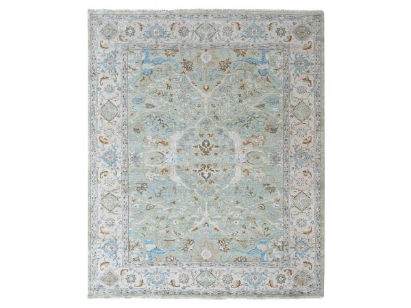 9'1"x11'10" Pistachio Green, Oushak with Floral Motifs, Hand Knotted, Pure Wool, Soft Pile, Denser Weave, Oriental Rug HR10590