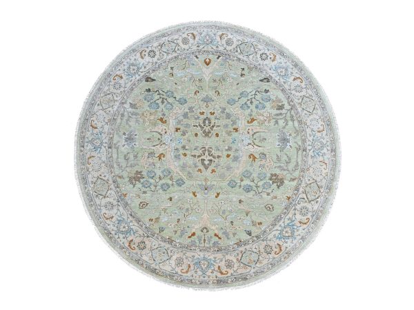 10'x10' Pistachio Green, Oushak with Floral Motifs, Hand Knotted, Pure Wool, Soft Pile, Denser Weave, Round, Oriental Rug HR10591