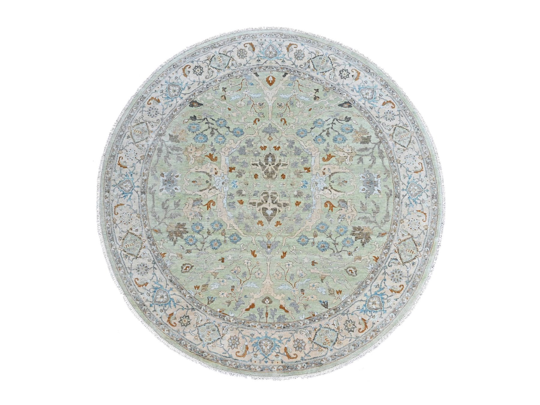 10'x10' Pistachio Green, Oushak with Floral Motifs, Hand Knotted, Pure Wool, Soft Pile, Denser Weave, Round, Oriental Rug HR10591