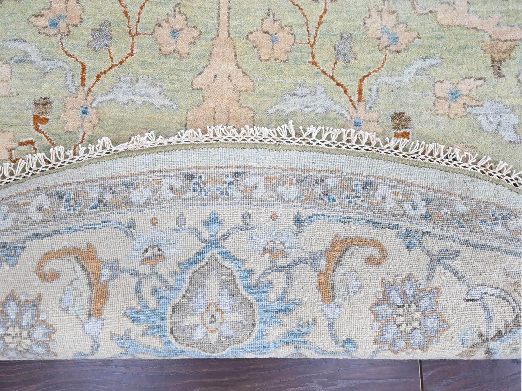10'x10' Pistachio Green, Oushak with Floral Motifs, Hand Knotted, Pure Wool, Soft Pile, Denser Weave, Round, Oriental Rug HR10591 - Image 3